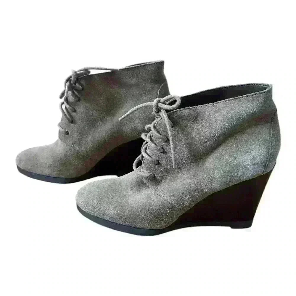 Franco Sarto Weston Taupe Brown Tan Suede Leather Lace Up Wedge Ankle Booties, 6 - Picture 3 of 10